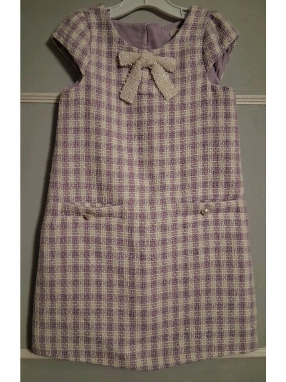 Rachel Zoe Girls Purple White Tweed Plaid Sleeveless Dress Size 6 Pearl Bow